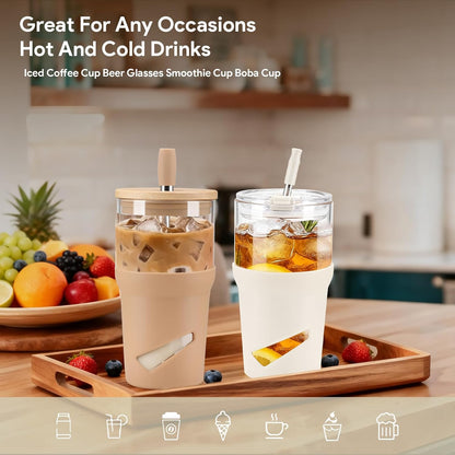 Glass Tumbler with Lids and Straws, 20 oz Iced Coffee Cup and Smoothie Cup with Bamboo Lid and On the go Lid,Glass Cups With Straws