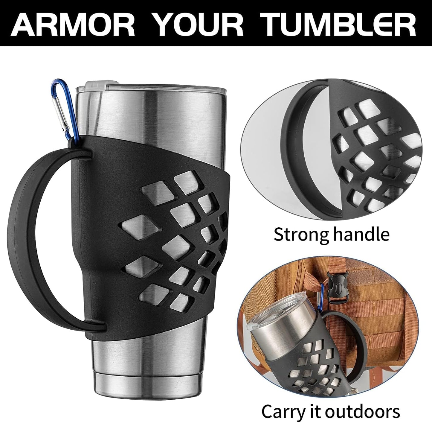 Handle for YETI 30 oz Tumbler – Anti-Slip 3mm Thickened Silicone Sleeve with Reinforced Grip & Carabiner Hole, Durable Protective Cover for 30 oz Insulated Cups, For YETI Rambler 30oz Tumbler(Black)