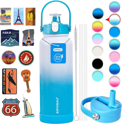 Insulated Water Bottle with Lid & Boot & Stickers, 24 oz Stainless Steel Sweat Free Bottle Keep Cold 24H, BPA-Free Sports Wide Mouth Water Bottle, BlueBlack