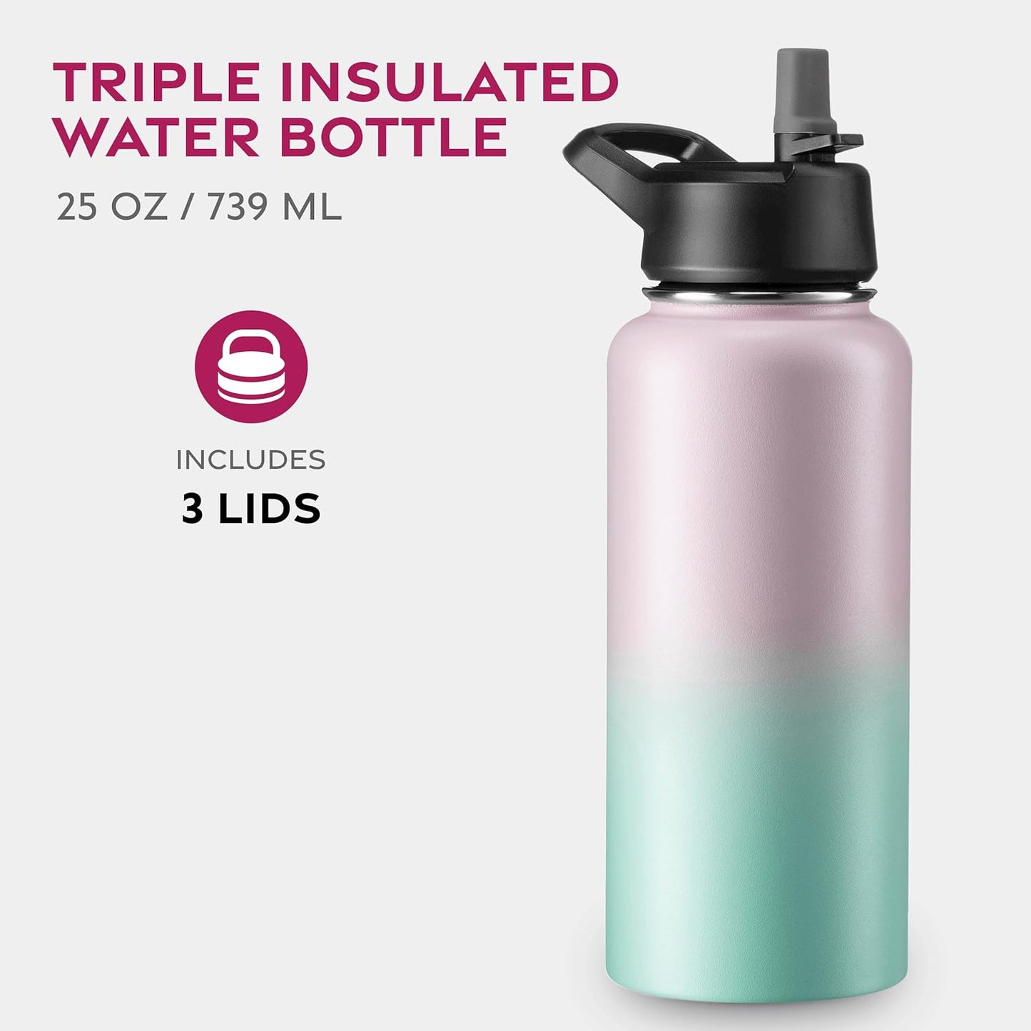 FineDine Water Bottle - Stainless Steel Insulated Water Bottle with Straw Lid, Flip Lid & Wide-Mouth Cap - Keeps Hot and Cold - 25 Oz / 739ml - Dreamy Purple