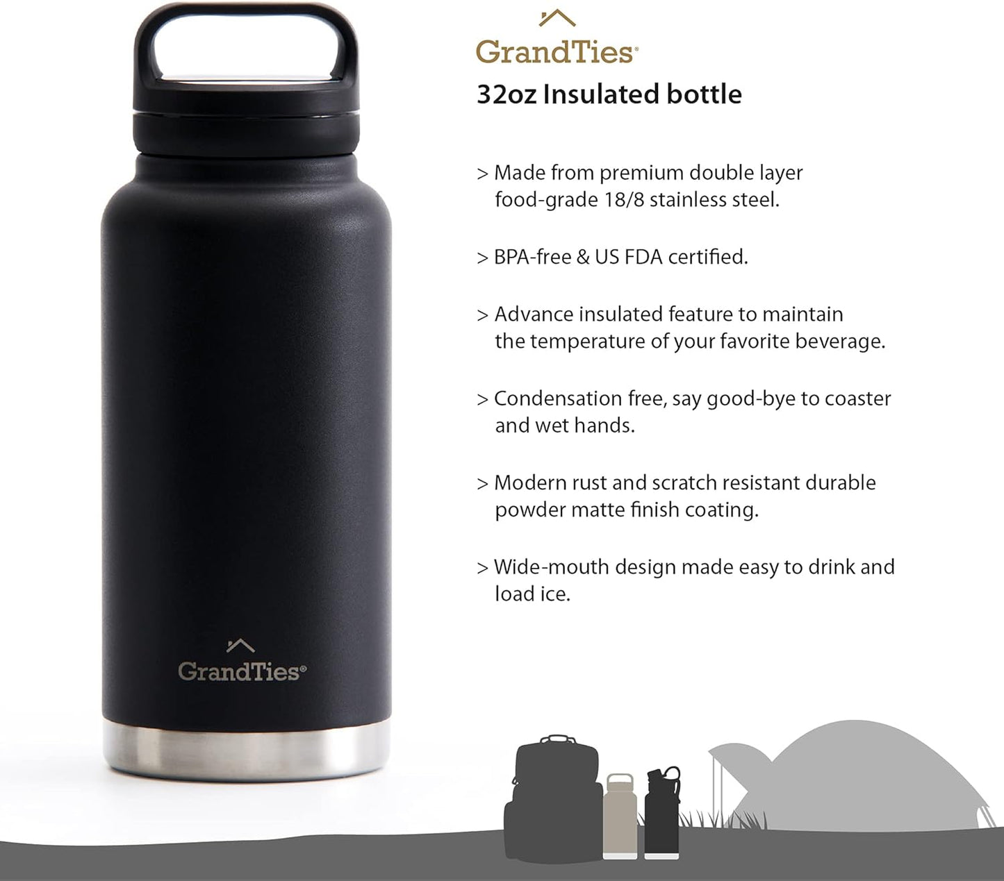 GRANDTIES 2 Lids Sports Stainless Steel Water Bottles – Wide Mouth Vacuum Insulated Reusable Leak Proof BPA-Free Travel Metal Canteen, Thermal Bottles for Men Women Gym (Ivory White 32 oz)
