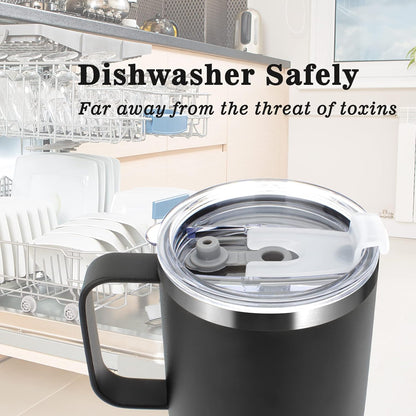 Sursip Insulated Coffee Mug with Handle and Lid, 24 oz Double Wall Vacuum Travel Thermal Coffee Tumbler with Straw for Home, Office Stainless Steel Coffee Cup - Leak proof, BPA Free (Black-1 Pack)