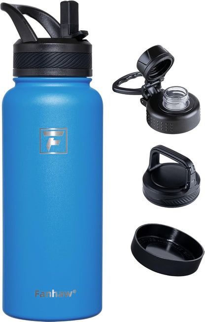 Fanhaw 40 oz Insulated Water Bottle – Stainless Steel Flask with 3 Lids (Straw, Spout, Carabiner) | Durable, Leakproof, for Hiking, Camping, Outdoor Adventures & Travel (Green Blue)