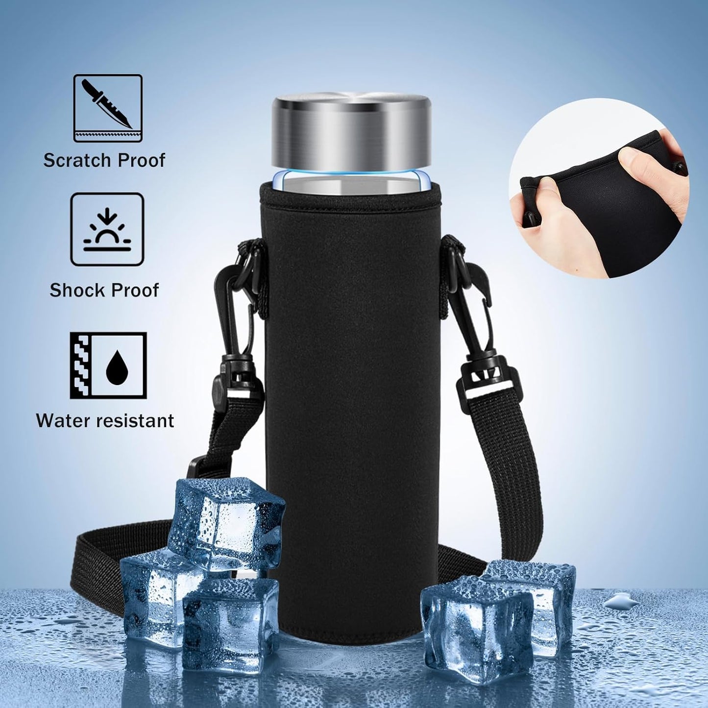 FillTouch 2 Pack Insulated Neoprene Water Bottle Holder Carrier with Adjustable Strap - Hands Free Sling Bag for 17oz/500ml Standard Bottles for Walking, Gym, Hiking, Commuting