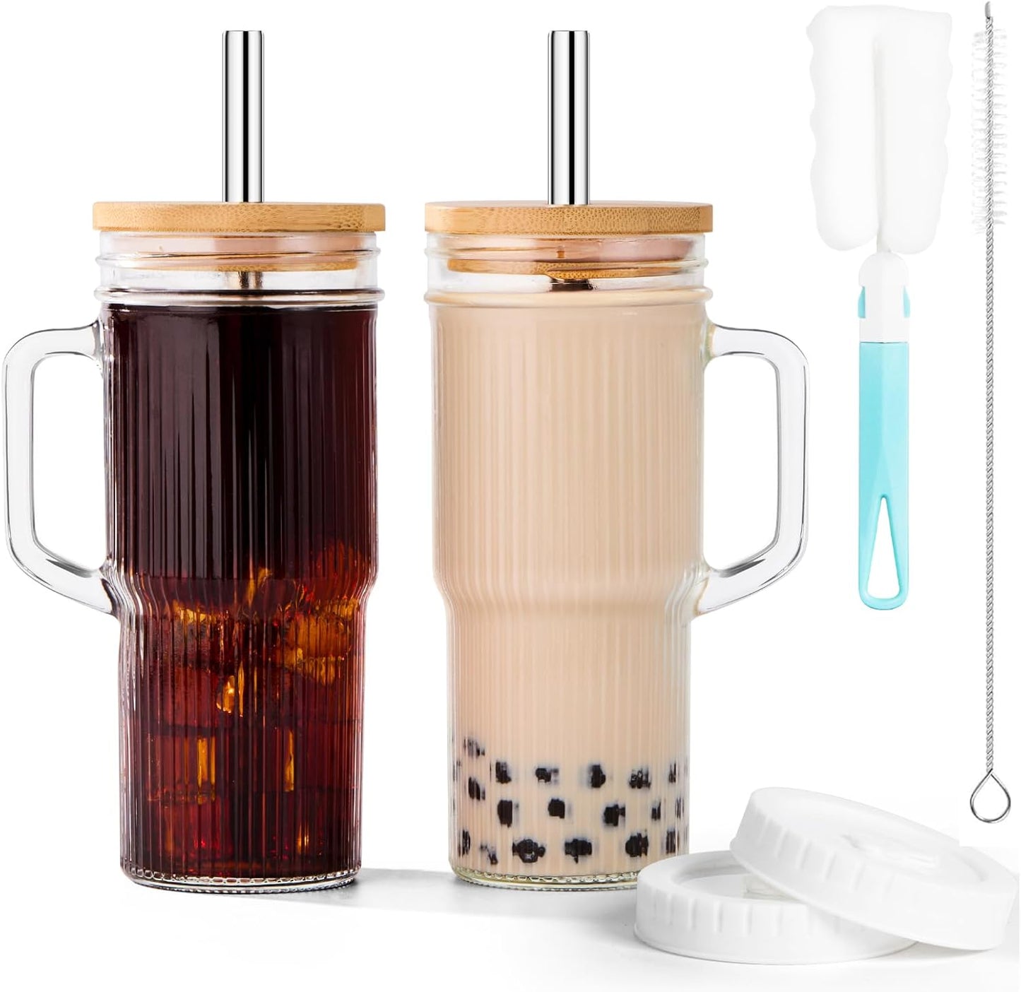 JunVpic Glass Cups with Lids and Straws,24oz Glass Tumbler with Handle Iced Coffee Cup for Coffee,Juice,Tea,Milk,Smoothie,Hot & Cold Drinks (Pink)