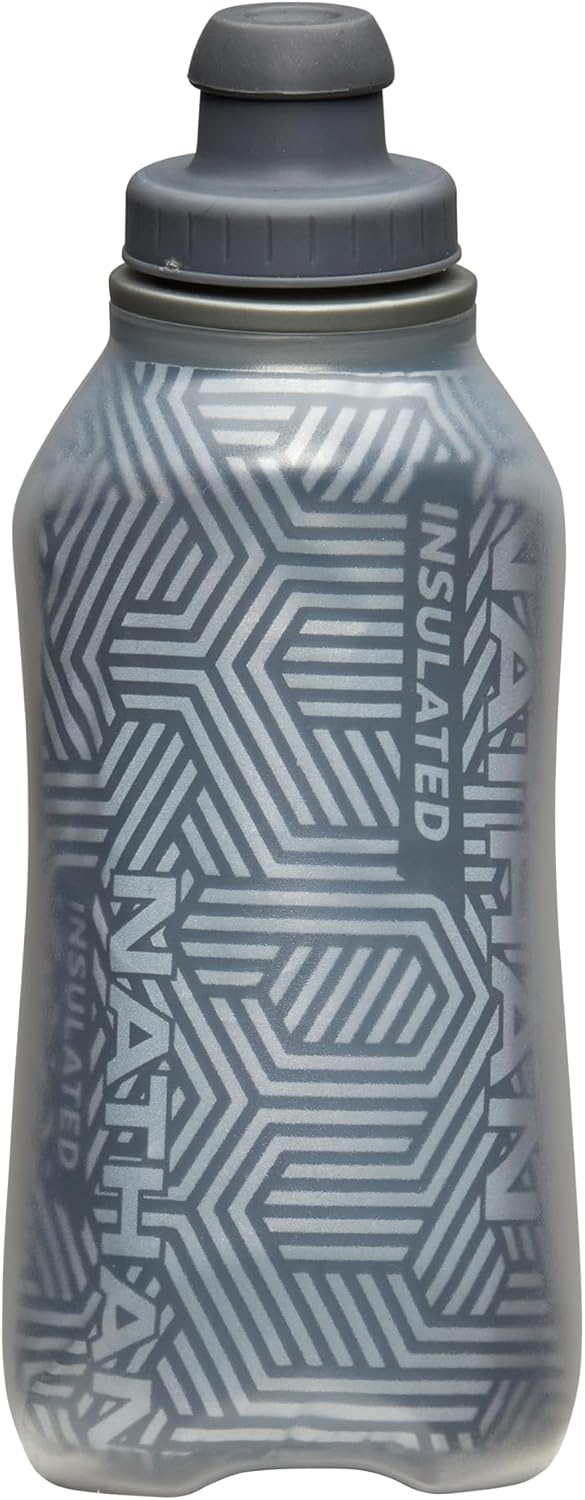 Nathan SpeedDraw 2 Insulated Handheld Running Water Bottle Flask 18oz – Double-Wall Insulation, Ergonomic Grip, Blast Valve Cap, Phone & Key Storage Pockets, Reflective Design