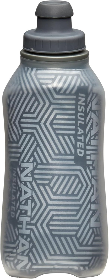 Nathan SpeedDraw 2 Insulated Handheld Running Water Bottle Flask 18oz – Double-Wall Insulation, Ergonomic Grip, Blast Valve Cap, Phone & Key Storage Pockets, Reflective Design