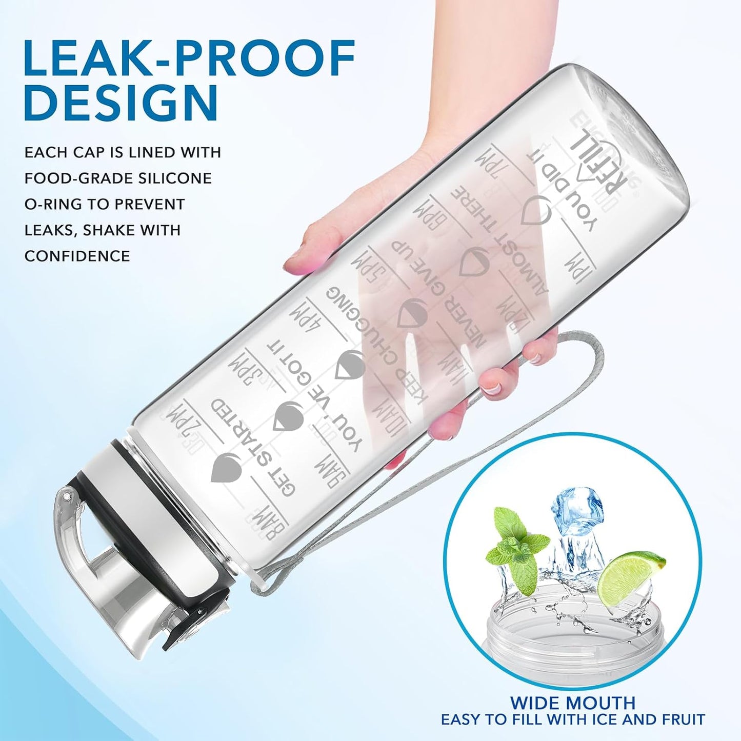 Enerbone Water Bottle, Leakproof BPA & Toxic Free, Motivational Water Bottle with Times to Drink and Straw, Fitness Sports Water Bottle with Strap for Office, Gym, Outdoor Sports