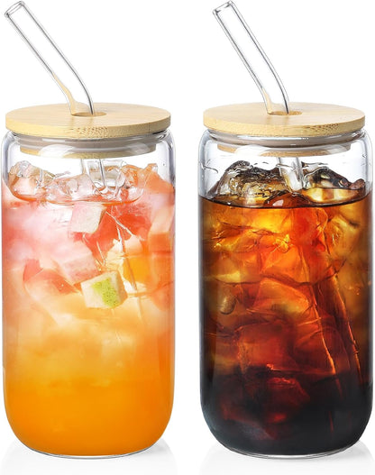 Drinking Glasses with Bamboo Lids and Glass Straw 4pcs Set - 16oz Glass Cups, Iced Coffee Glasses, Cute iced Tea Glasses, Beer Glasses, Ideal for Coffee Bar Accessories, Aesthetic Gift - 2 Brushes