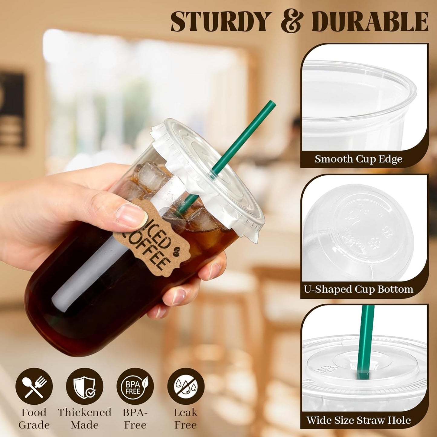 25 Sets 16 oz Clear Plastic Cups with Lids and Straws, Disposable Iced Coffee Cups for Cold Beverages, Smoothies, Bubble Tea, Includes Leak-Proof Paper and Stickers