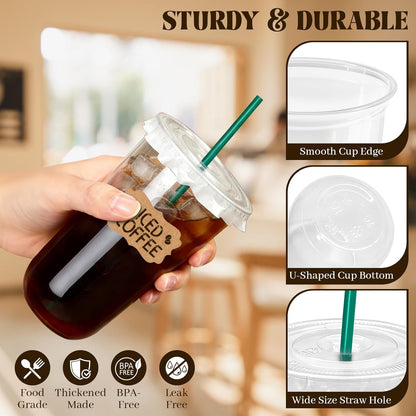 25 Sets 16 oz Clear Plastic Cups with Lids and Straws, Disposable Iced Coffee Cups for Cold Beverages, Smoothies, Bubble Tea, Includes Leak-Proof Paper and Stickers