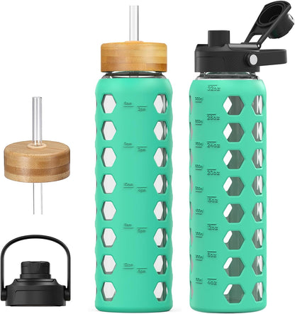 MUKOKO Glass Water Bottles, 32oz Glass Tumbler with Straw, Drinking Bottles with 2 Lids-Handle Spout Lid&Bamboo Straw Lid, Motivational Water Bottle with Time Marker and Silicone Sleeve, 1 Pack-Olive