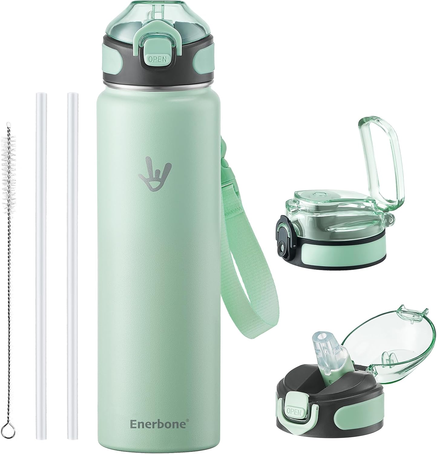Enerbone 24 oz Insulated Water Bottle, Stainless Steel Bottle with Carrying Strap, Double-Wall Vacuum Insulation Design, Leakproof Sports Bottle with Straw, Keep Drinks Cold or Hot for Hours