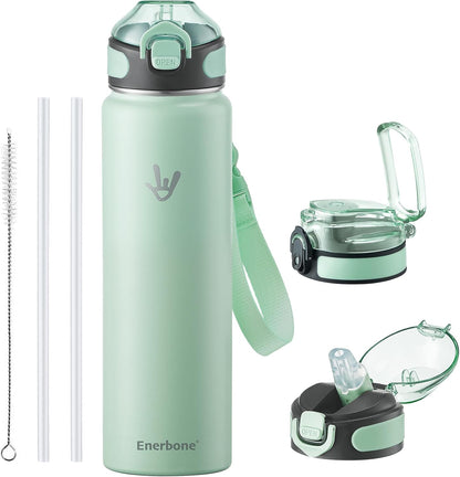 Enerbone 24 oz Insulated Water Bottle, Stainless Steel Bottle with Carrying Strap, Double-Wall Vacuum Insulation Design, Leakproof Sports Bottle with Straw, Keep Drinks Cold or Hot for Hours