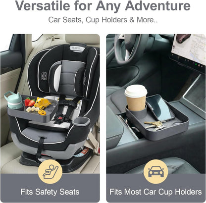 Car Seat Snack Tray for Toddlers - 3 Inch Cup Holder Fits Most Sippy Cups & Straw Bottles with Dip Well, Mess-Free Square Kids Travel Tray Road Trip Essentials, Black