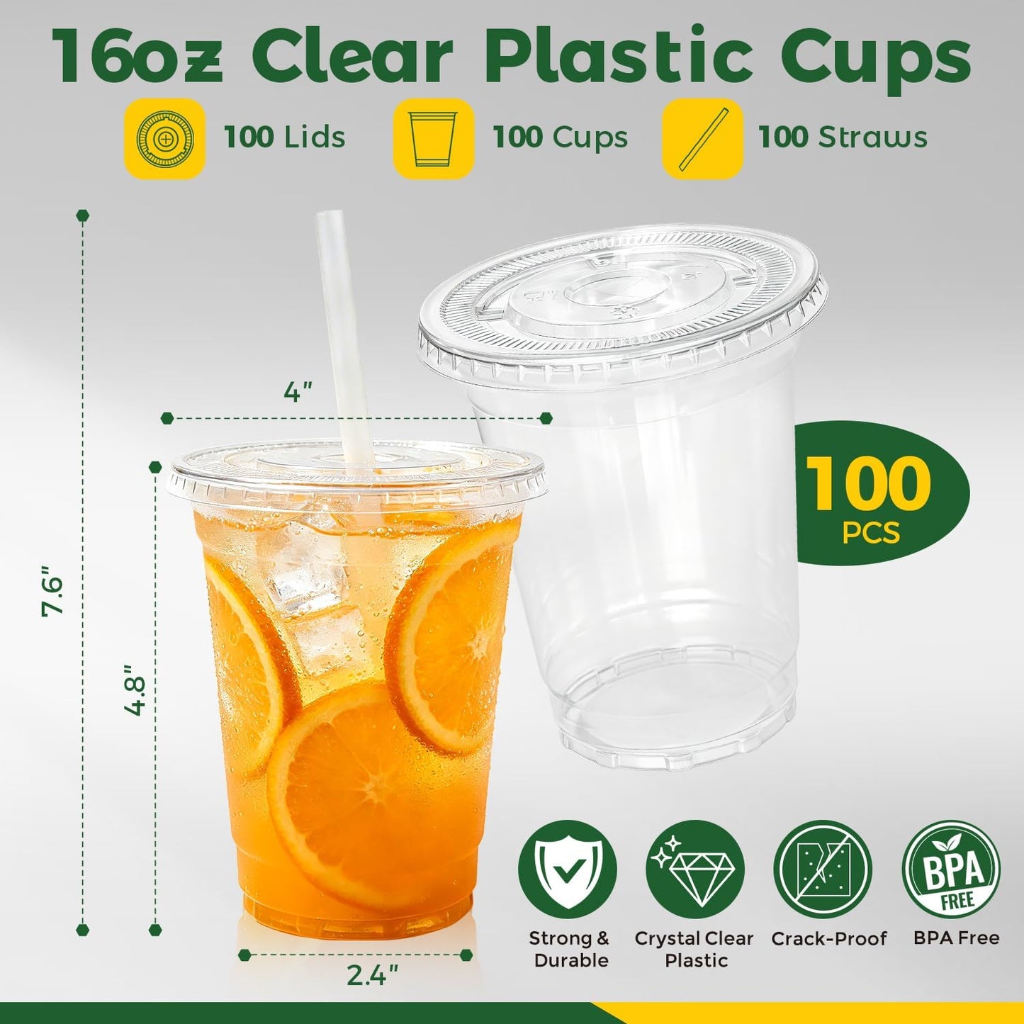 Charmount 100 Sets 16 oz Plastic Cups with Lids and Straws, Clear Disposable Cups for Dirty Soda, Iced Coffee & Smoothies, Plastic Bar Supplies for Cold Drinks