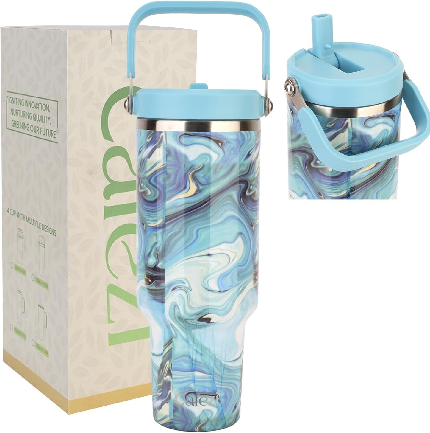 40 oz Insulated Tumbler with Top Handle and Flip Straw, Vacuum Insulated Stainless Steel Cup with Leak-Proof Lid, Sweat-Free, Fits Cup Holder, Keeps Ice Cold up to 30 Hours