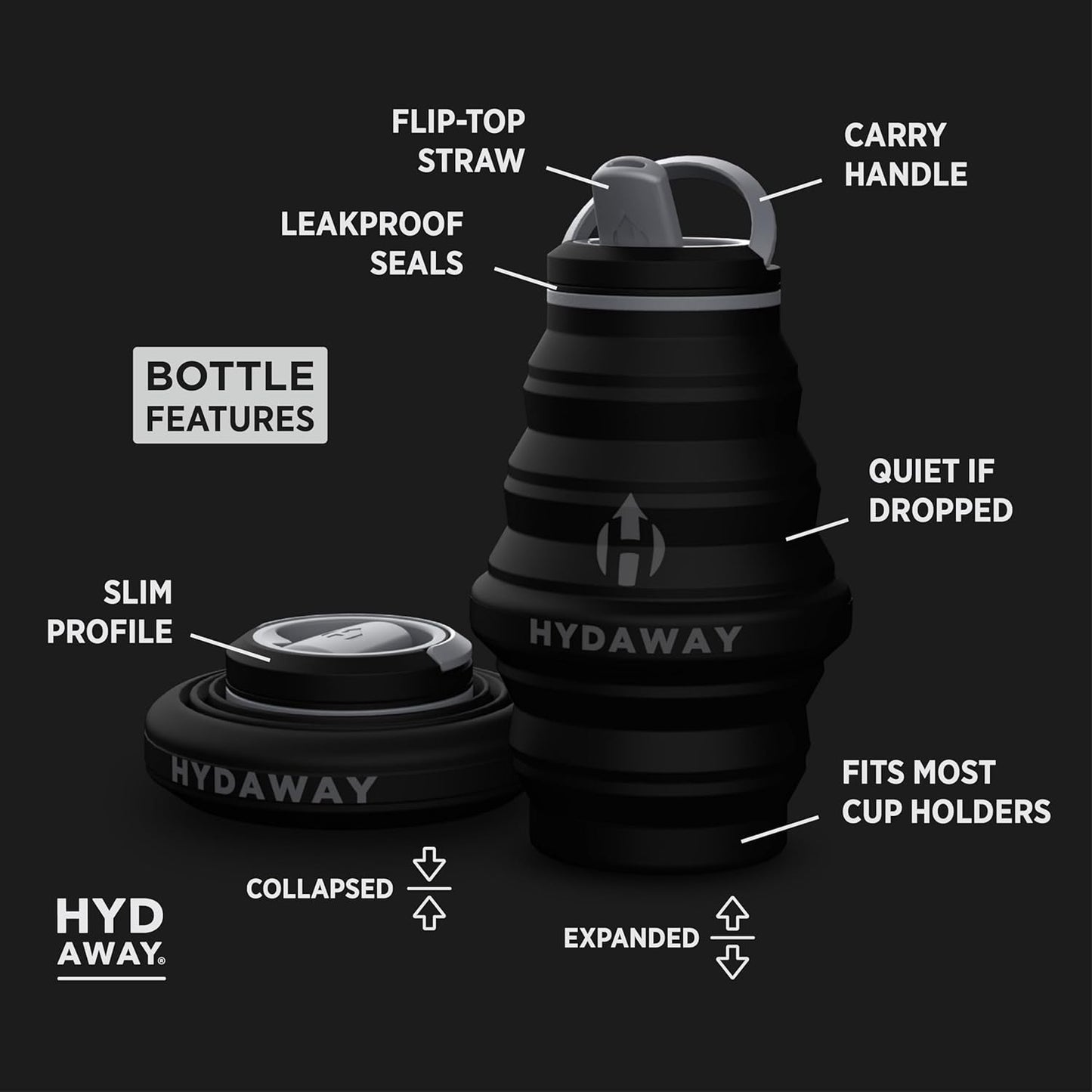 HYDAWAY 17oz Travel Collapsible Water Bottle - BPA-Free, Leakproof, Lightweight, Space-Saving