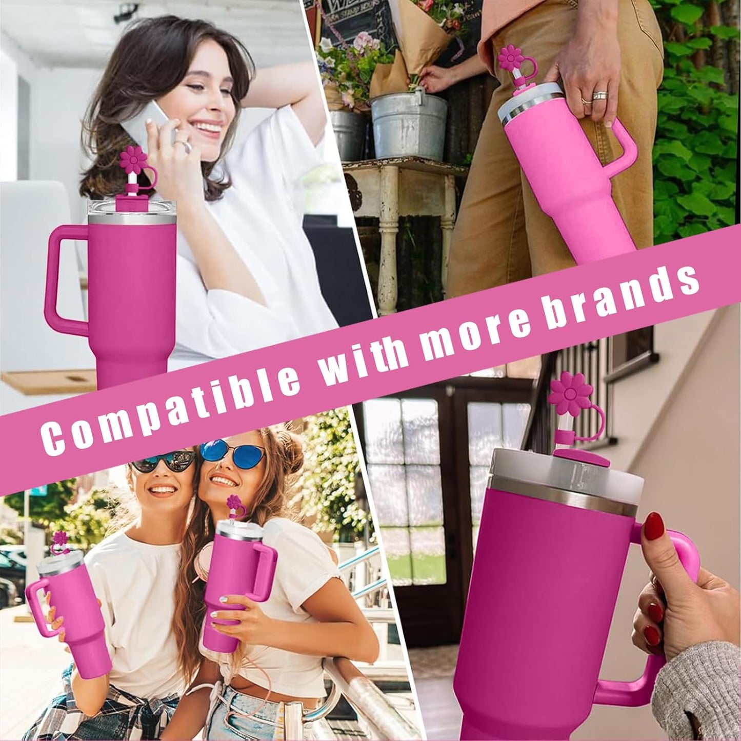 Flower Straw Covers Toppers for Stanley Cups 30&40 Oz Tumbler with Handle Accessories 4PCS Silicone Straw Caps Reusable Straws Tips Protectors for Stanley Cup 10mm 0.4in Straws,Off White