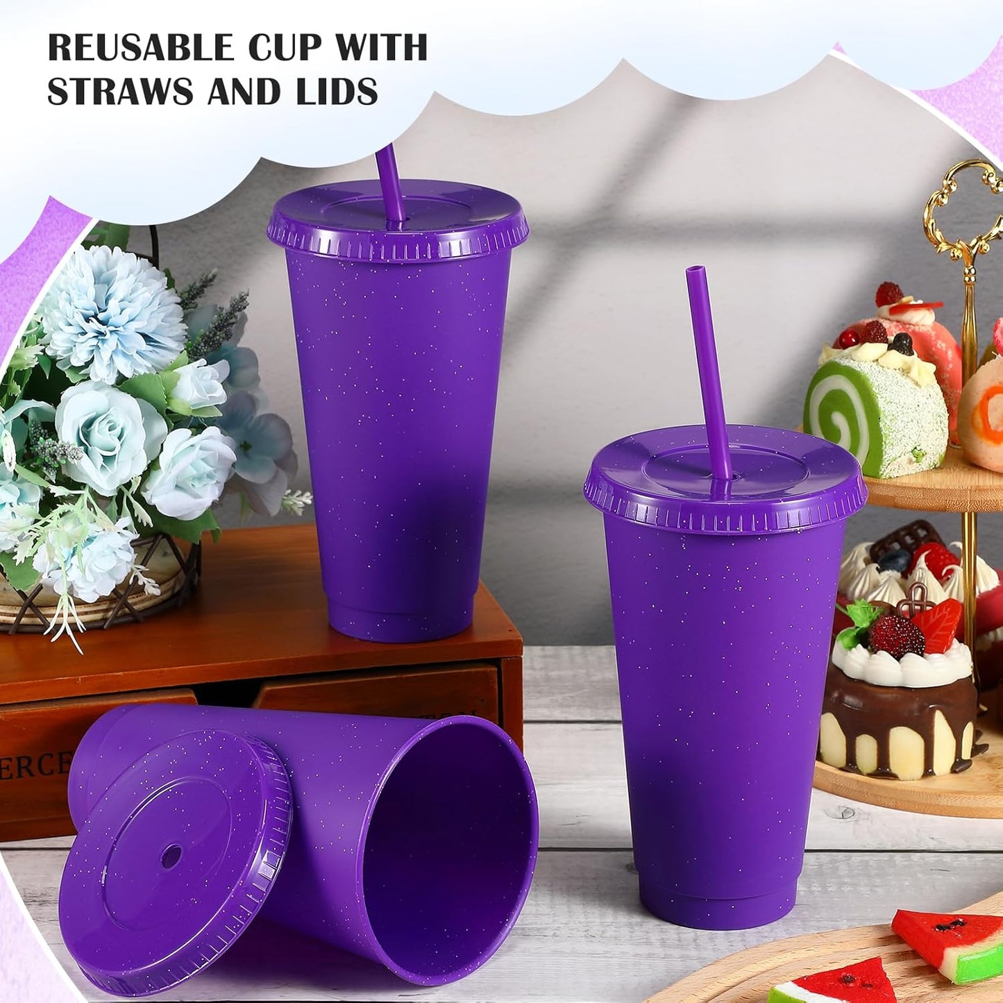 Uiifan 6 Pcs 24 oz Reusable Tumbler with Lids and Straws Plastic Iced Coffee Tumbler Glitter Travel Mug Cup for Smoothie Juices Birthday Party Cold Drink Coffee Cup Bulk for Adult Kid Women (Clear)