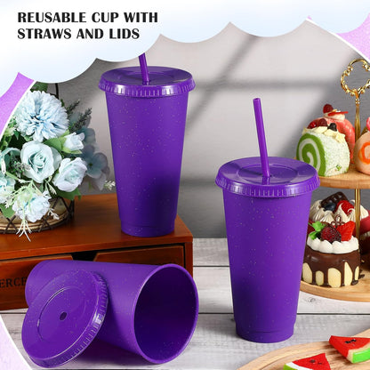 Uiifan 6 Pcs 24 oz Reusable Tumbler with Lids and Straws Plastic Iced Coffee Tumbler Glitter Travel Mug Cup for Smoothie Juices Birthday Party Cold Drink Coffee Cup Bulk for Adult Kid Women (Clear)