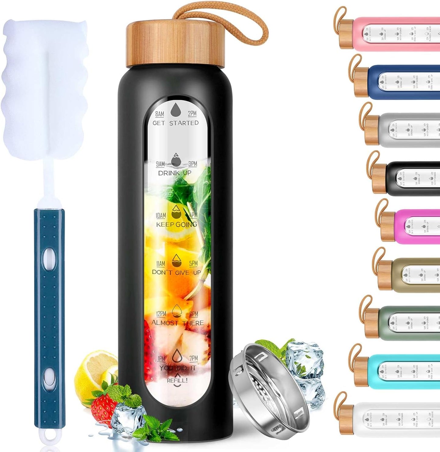Aqulea Glass Water Bottles 25 Oz with Silicone Sleeve - BPA Free Reusable Wide Mouth Glass Motivational Water Bottles with Fruit Infuser – Leak Proof Borosilicate Water Bottle with Time Marker (White)