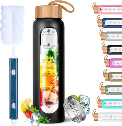 Aqulea Glass Water Bottles 25 Oz with Silicone Sleeve - BPA Free Reusable Wide Mouth Glass Motivational Water Bottles with Fruit Infuser – Leak Proof Borosilicate Water Bottle with Time Marker (White)