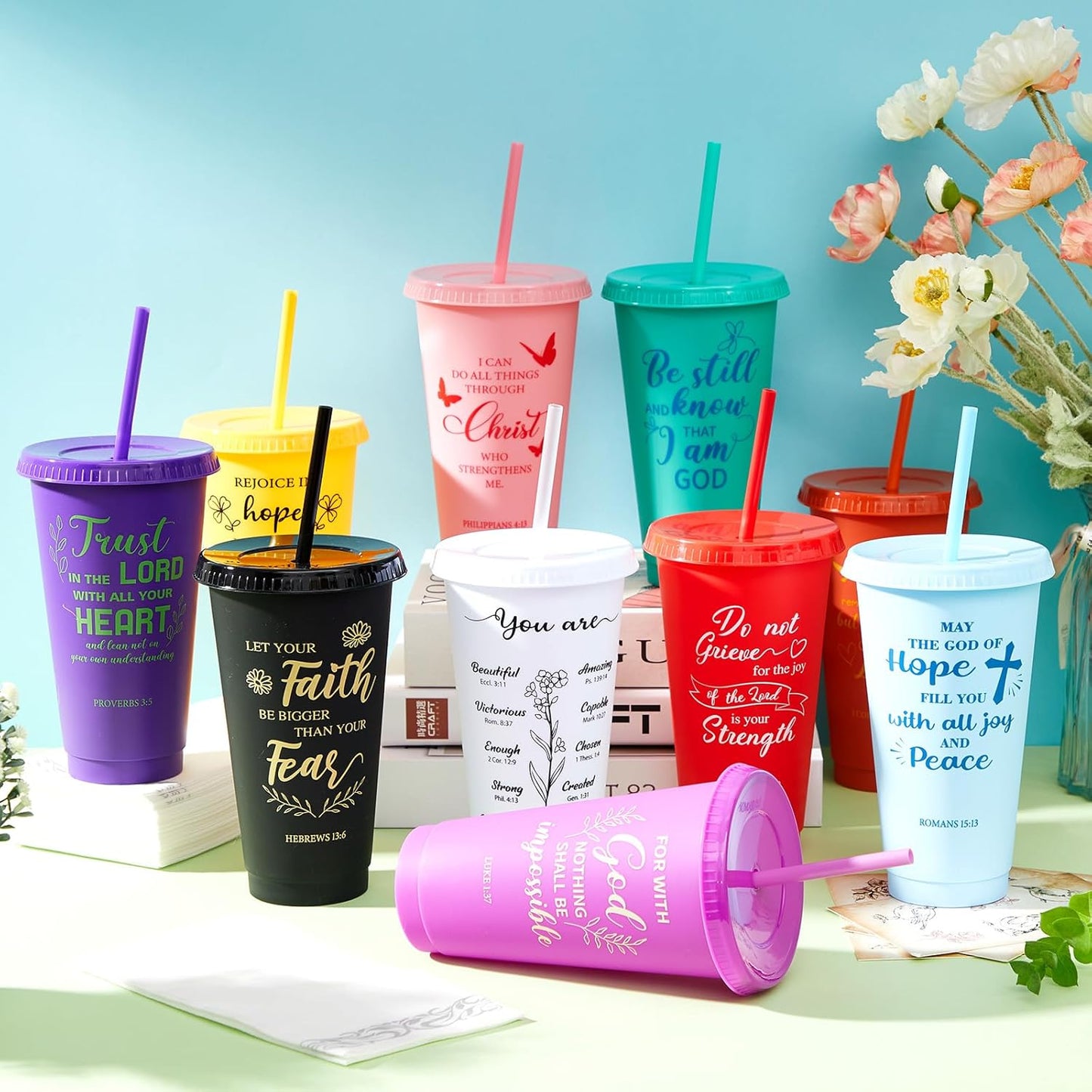 Uiifan 30 Pcs Christian Gifts Cups Bulk for Women, 24oz Bible Verse Christian Tumblers with Lids and Straw, Religious Church Gifts for Mother's Day (Fresh Color,Bible)
