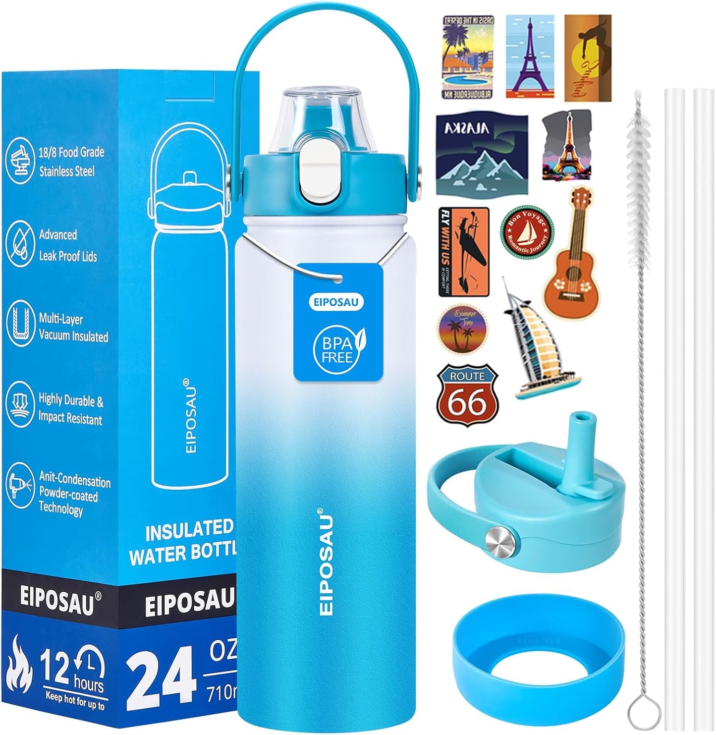 Insulated Water Bottle with Lid & Boot & Stickers, 24 oz Stainless Steel Sweat Free Bottle Keep Cold 24H, BPA-Free Sports Wide Mouth Water Bottle, BlueBlack