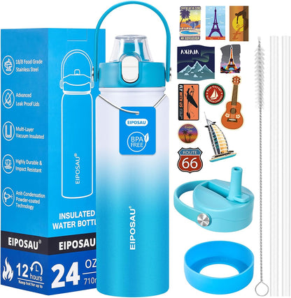 Insulated Water Bottle with Lid & Boot & Stickers, 24 oz Stainless Steel Sweat Free Bottle Keep Cold 24H, BPA-Free Sports Wide Mouth Water Bottle, BlueBlack