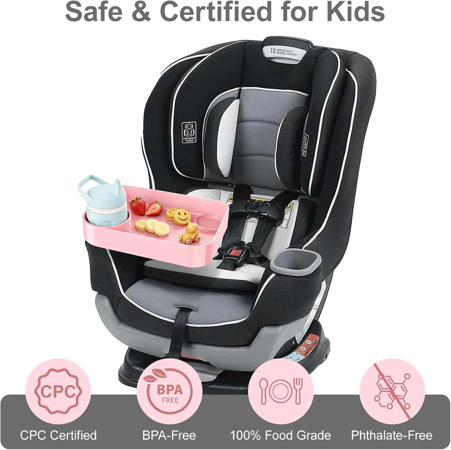 Car Seat Snack Tray for Toddlers - 3 Inch Cup Holder Fits Most Sippy Cups & Straw Bottles with Dip Well, Mess-Free Square Kids Travel Tray Road Trip Essentials, Black