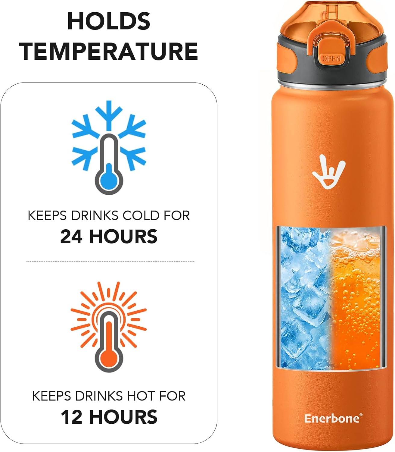 Enerbone 24 oz Insulated Water Bottle, Stainless Steel Bottle with Carrying Strap, Double-Wall Vacuum Insulation Design, Leakproof Sports Bottle with Straw, Keep Drinks Cold or Hot for Hours