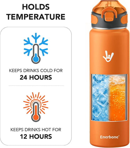 Enerbone 24 oz Insulated Water Bottle, Stainless Steel Bottle with Carrying Strap, Double-Wall Vacuum Insulation Design, Leakproof Sports Bottle with Straw, Keep Drinks Cold or Hot for Hours