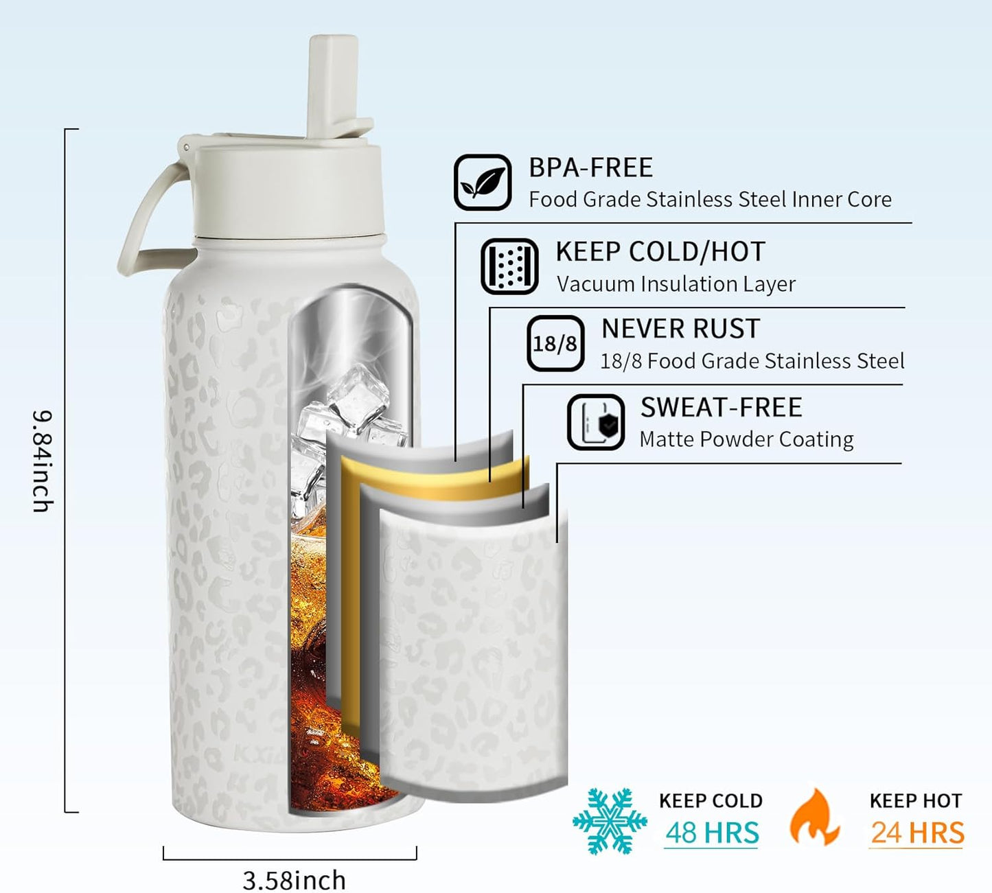 KXIAOCHEN Insulated Water Bottle With Strap, Cold For 48 Hrs Leak Proof, Triple Wall Stainless Steel Sports Water Bottle With Straw And Spout Lid For Gym Hiking Travel