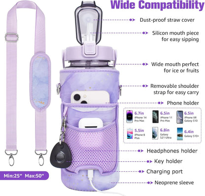 Half Gallon Water Bottle with Sleeve, 64OZ Motivational Water Bottle with Straw & Time Marker, BPA Free Leakproof Gym for Sport Workout