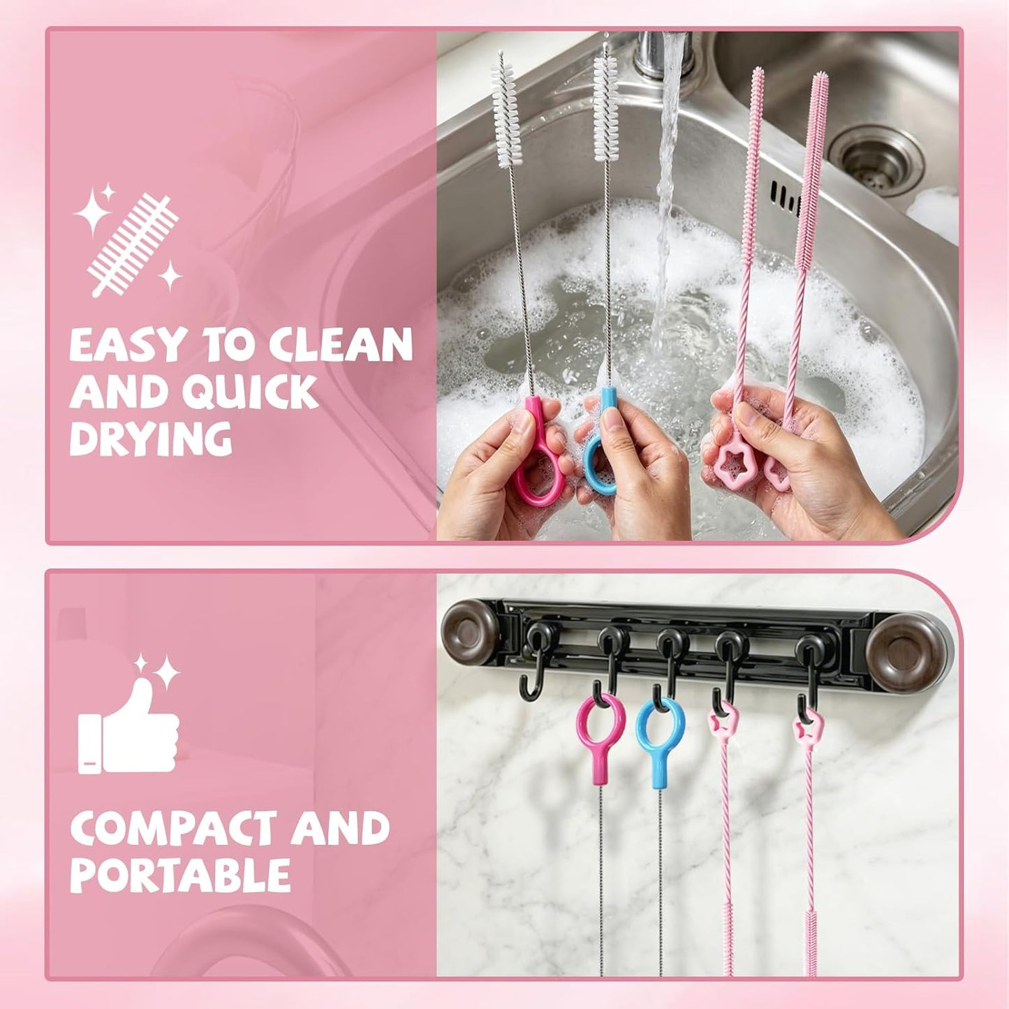 AONEZ Straw Cleaner Brushes Set of 4 - Silicone Straw Cleaner Brush - Straw Brush with Non-Slip Handle in Extra-Long Straw Brush for Metal, Glass, Plastic Reusable Drinking Straws