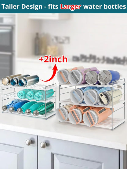 10.6-16.7" Adjustable Width Water Bottle Organizer for Cabinet, 3-Tier Expandable Water Bottle Holder Rack, Cup and Tumbler Storage for Kitchen Organization, Sports Flask, Insulated Travel Mug, Fridge