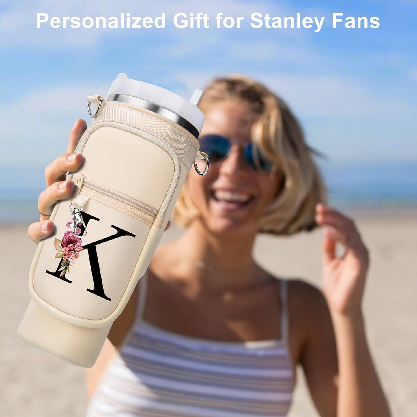 LOKASS Personalized Water Bottle Holder with Strap for Stanley Cup Accessories 40 oz, Initial for Stanley Cup Holder Carrier Bag with Phone Pocket, Stylish Tumbler Accessories for Daily Use Hands-Free