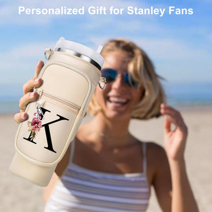 LOKASS Personalized Water Bottle Holder with Strap for Stanley Cup Accessories 40 oz, Initial for Stanley Cup Holder Carrier Bag with Phone Pocket, Stylish Tumbler Accessories for Daily Use Hands-Free