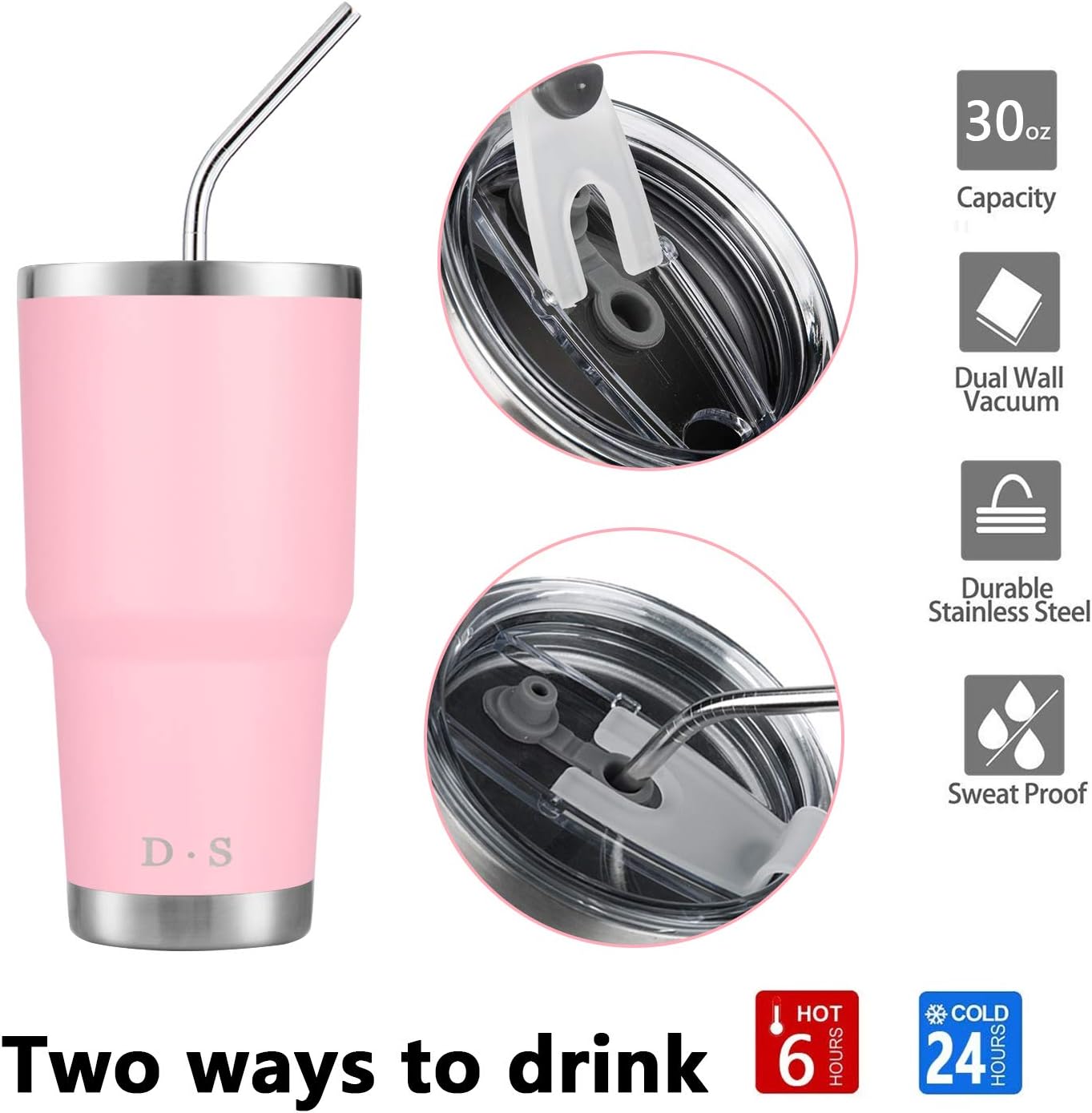 D·S 30oz Blue Tumbler Stainless Steel Double Wall Vacuum Insulated Mug with Straw and Lid, Cleaning Brush for Cold and Hot Beverages
