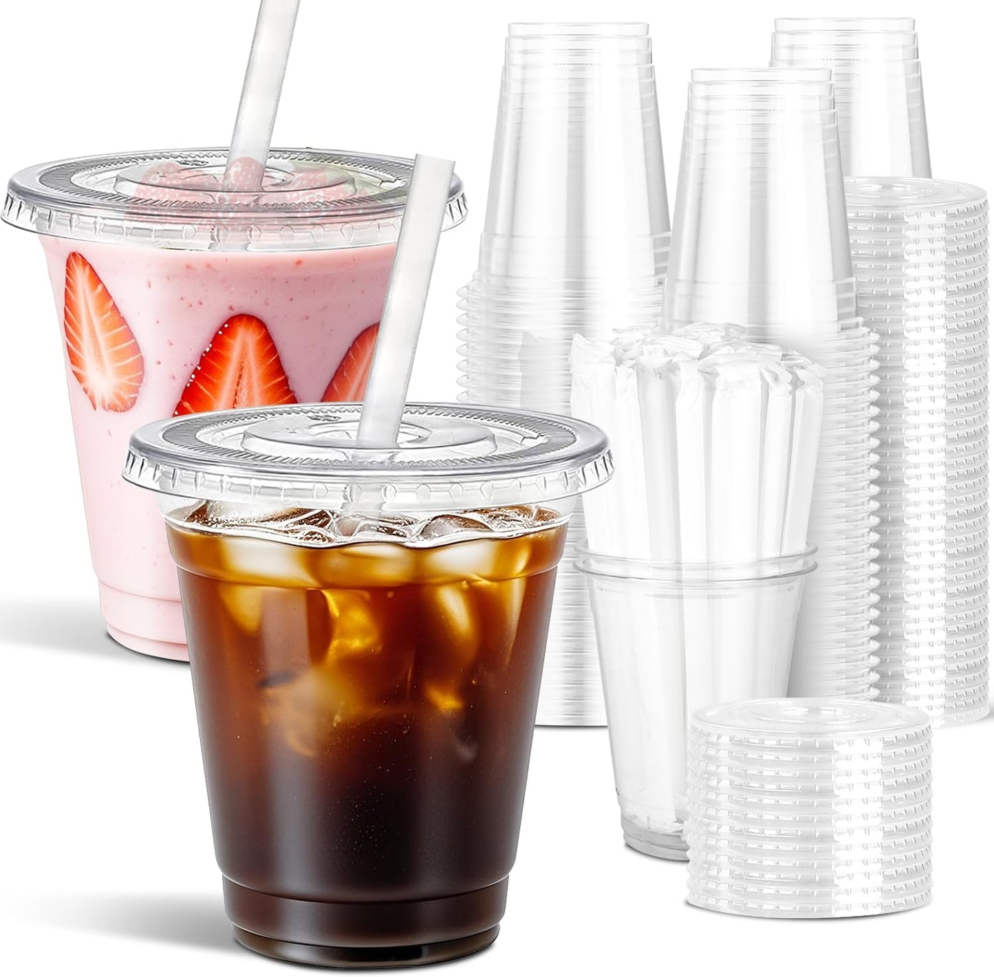 Ginkgo 32 oz Clear Plastic Cups with Lids and Jumbo Straws, Disposable To Go Iced Coffee Cups for Smoothie, Boba Milk Tea - 50 Pack