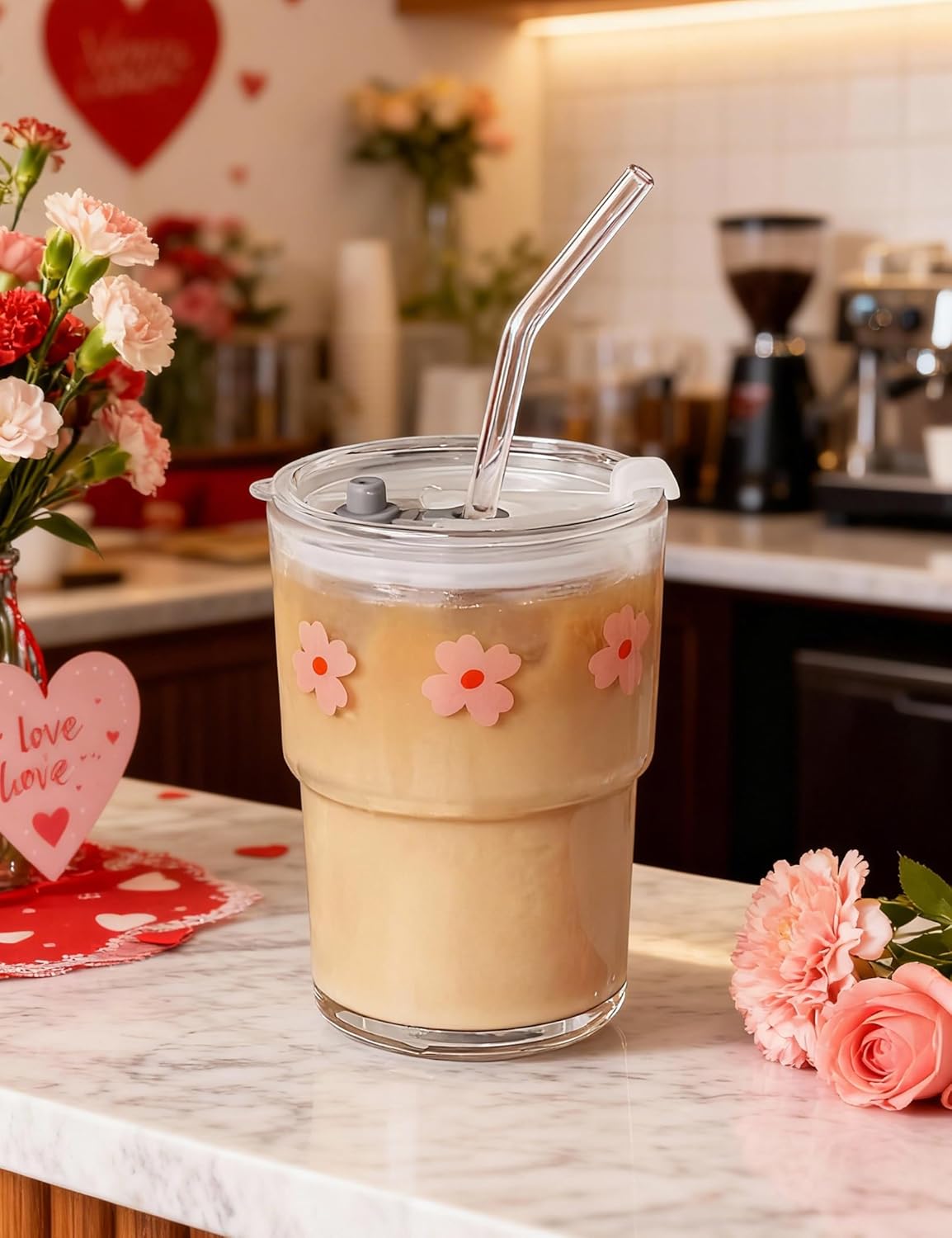 Olvini 13oz Glass Tumbler with Straw and Lid, Reusable Iced Coffee Cup Tumbler, Cute Glass Cups for Water, Matcha, Travel Coffee Mugs (Daisy)