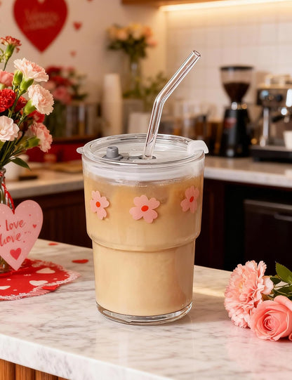 Olvini 13oz Glass Tumbler with Straw and Lid, Reusable Iced Coffee Cup Tumbler, Cute Glass Cups for Water, Matcha, Travel Coffee Mugs (Daisy)