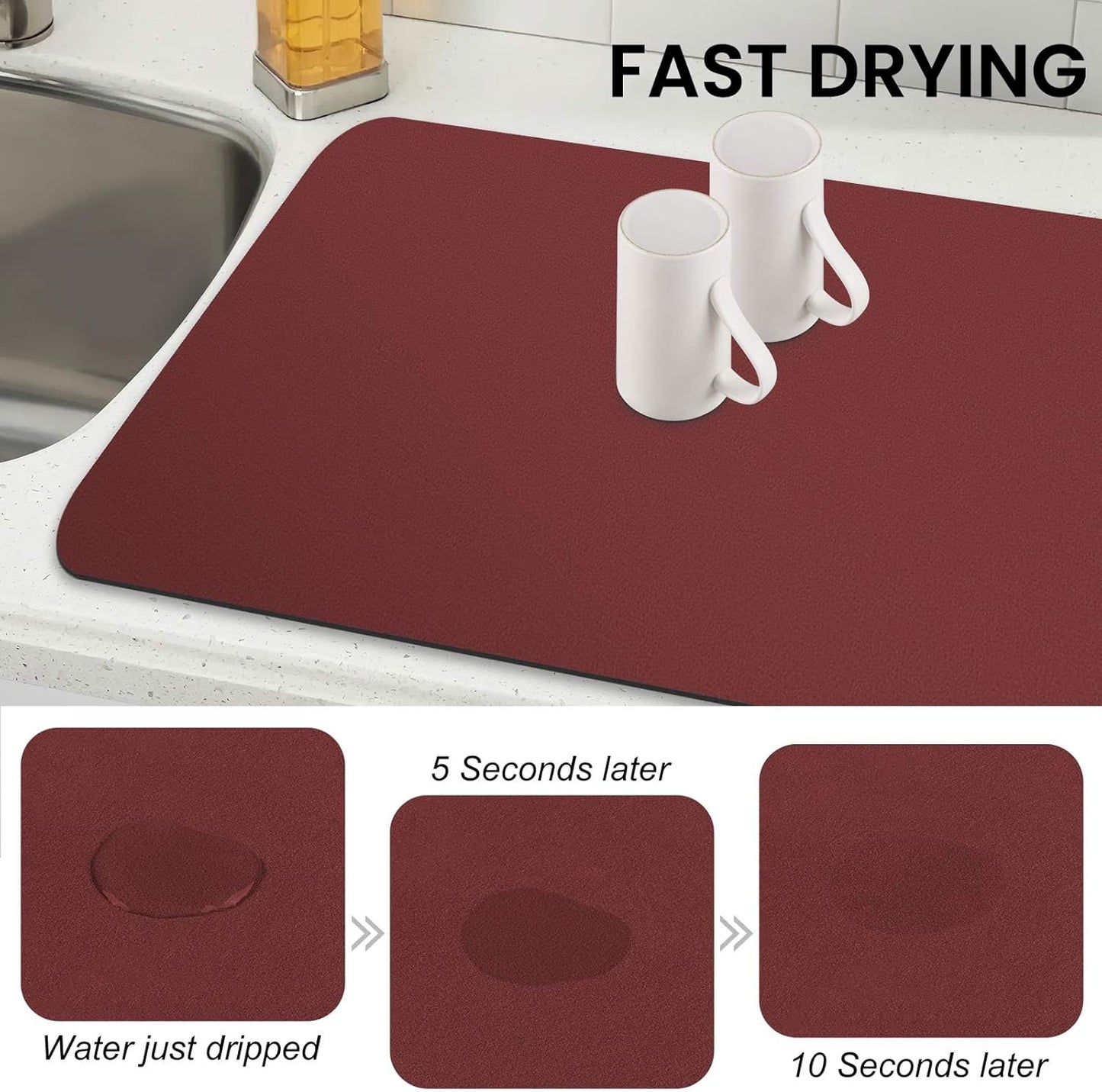 WISELIFE Dish Drying Mat Super Absorbent Drying Mat Large Dish Drying Mats for Kitchen Counter Easy Clean Dish Mat Kitchen Drying Mat15"x 18" Stylish Grey