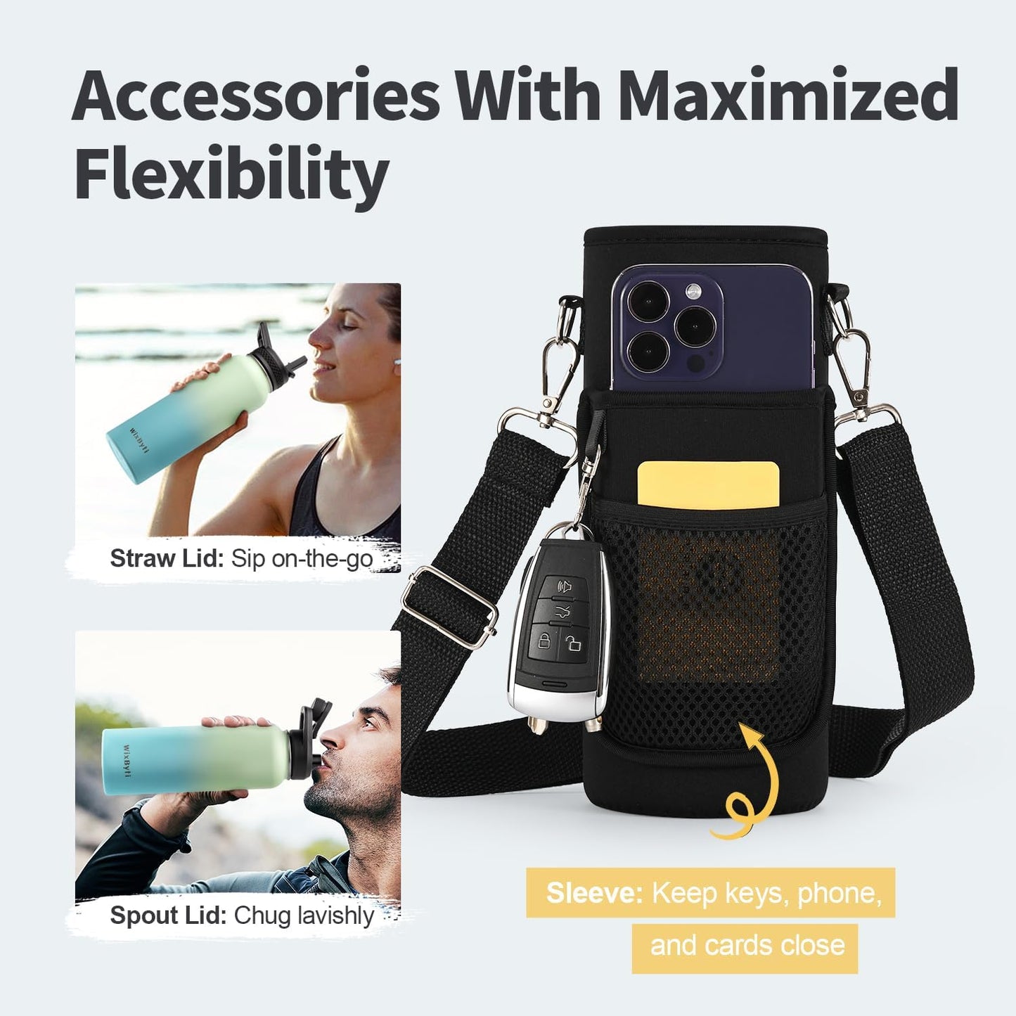 WixByti 40 oz Insulated Water Bottle with Straw (Cold for 36 Hrs), Stainless Steel Triple Wall Vacuum Sports Water Jug, Leakproof Hydro Cup Flask with Paracord Handle & Straw Spout Lids & DIY Stickers