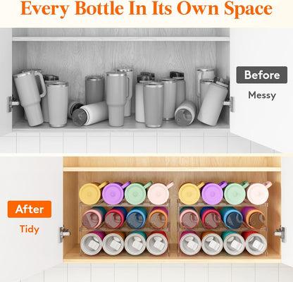 Lifewit Stackable Bottle Storage Organizer, Clear Freestanding Wine Holder for Cabinet, Large Slot Water Bottle Tumbler Cup Organizer for Pantry, Plastic Wine Rack for Fridge Cellar, 3Tier Hold 9