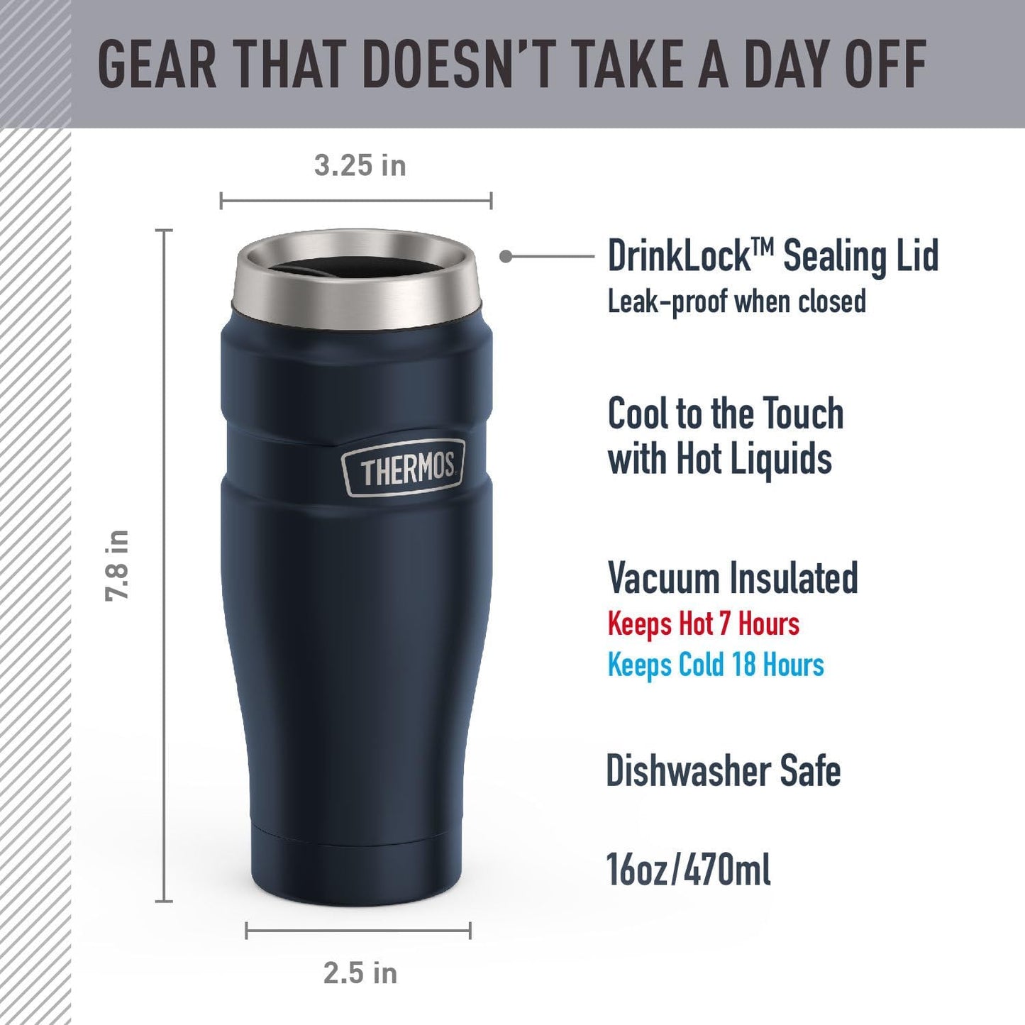 THERMOS Stainless King Vacuum-Insulated Stainless Steel Tumbler - 16oz, Midnight Blue - Insulated Coffee Tumbler for Hot & Cold Drinks - Leak-Proof & Sweat-Proof for Commuting & Traveling