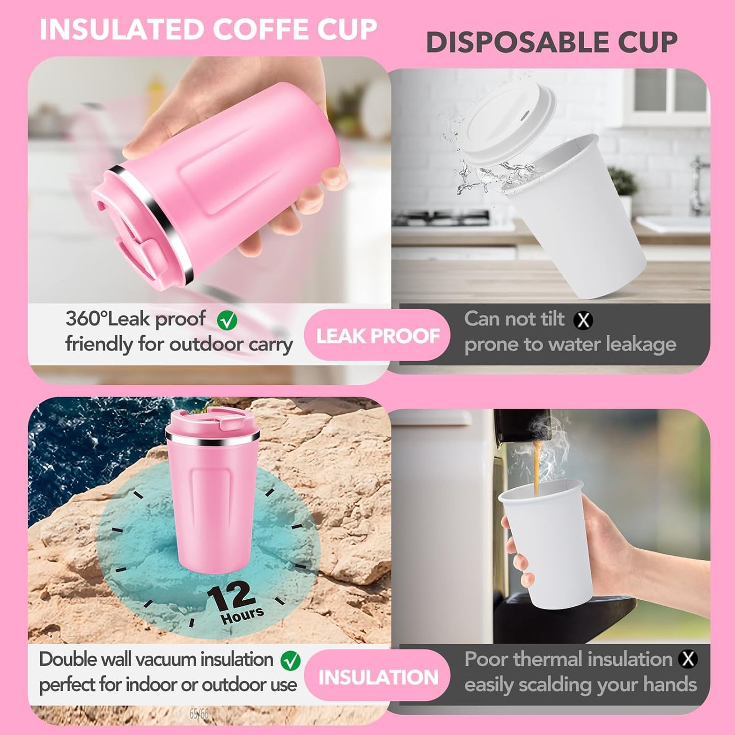 Volhoply 12 oz Double Wall Insulated Vacuum Travel Coffee Mugs with Flip Lid Bulk 2 Pack,Reusable Stainless Steel Leak Proof Coffee Cup,Portable Cafe Thermal Tumbler for Hot & Cold Drinks(Mix,2 Set)