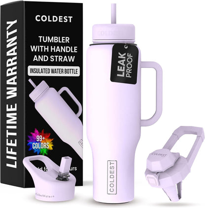 Coldest Tumbler with Handle and Straw - 100% Spill Proof Tumbler with Straw (3 Lids) - Stainless Steel Insulated Leakproof Tumblers for Women & Men - Cup Holder Friendly - 46 oz (Purple Nova) - Colors A