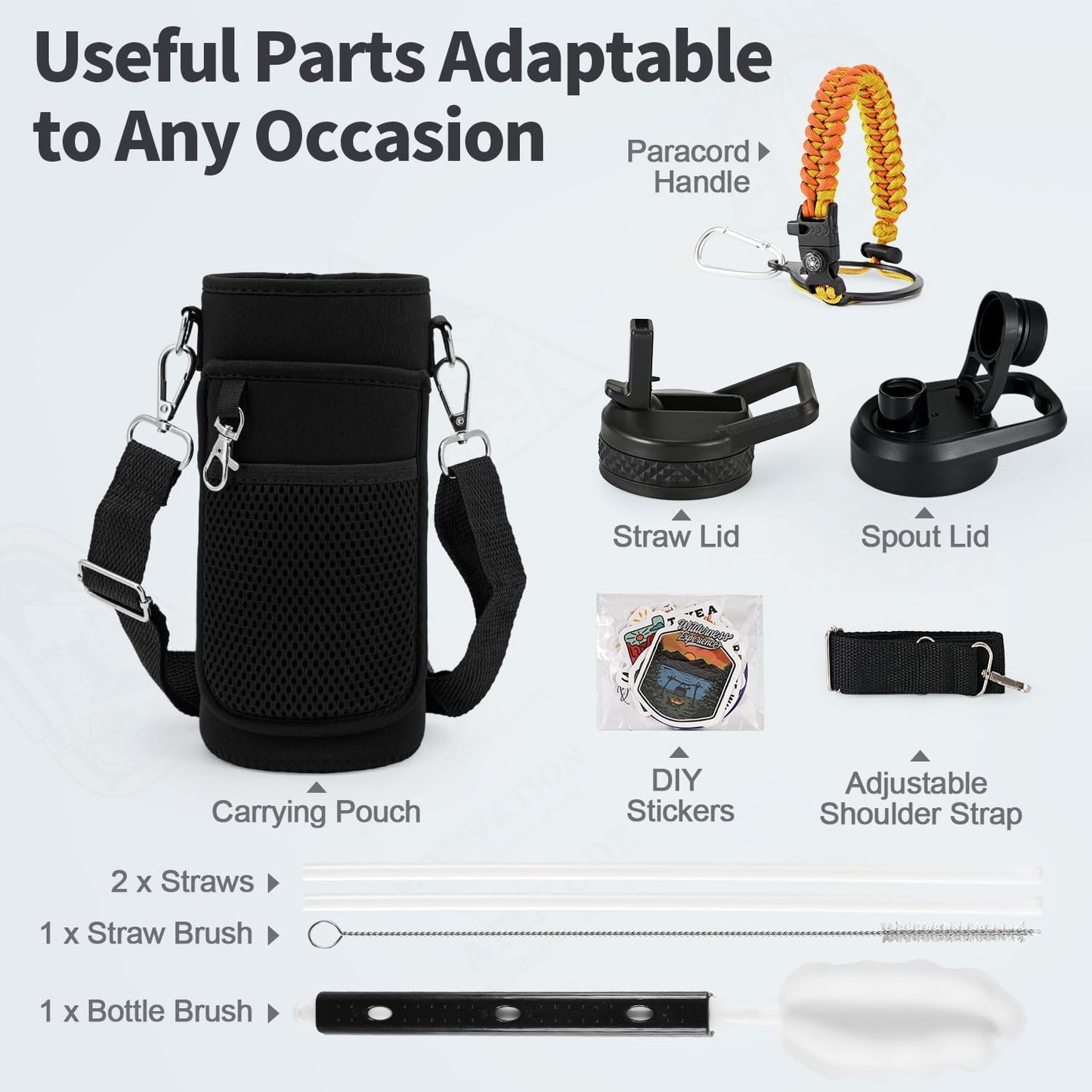 WixByti 40 oz Insulated Water Bottle with Straw (Cold for 36 Hrs), Stainless Steel Triple Wall Vacuum Sports Water Jug, Leakproof Hydro Cup Flask with Paracord Handle & Straw Spout Lids & DIY Stickers